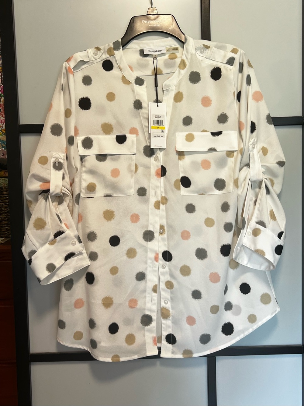 Calvin Klein White Blouse with Neutral and Blush Polka Dots Sheer Airy